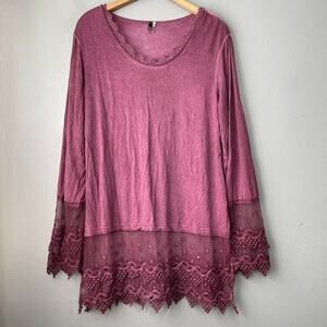 Kaktus Pink Tunic Top Size Medium Lace Crochet Mineral Wash Romantic Boho Grunge